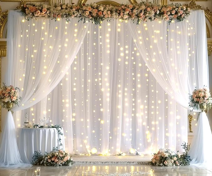 White Tulle Backdrop Curtain with Lights String for Parties Wedding Bridal Shower Sheer White Curtain Backdrop for Birthday Baby Shower Photo Booth Photography Background Decorations 20ft x 8ft