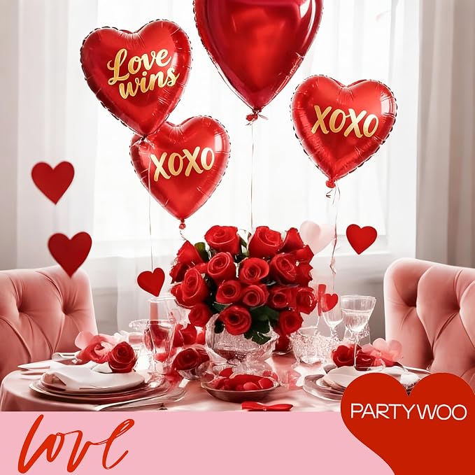 PartyWoo Valentine's Balloons 15pcs 18 Inch Foil Love XOXO Red Heart Balloons - Image 4