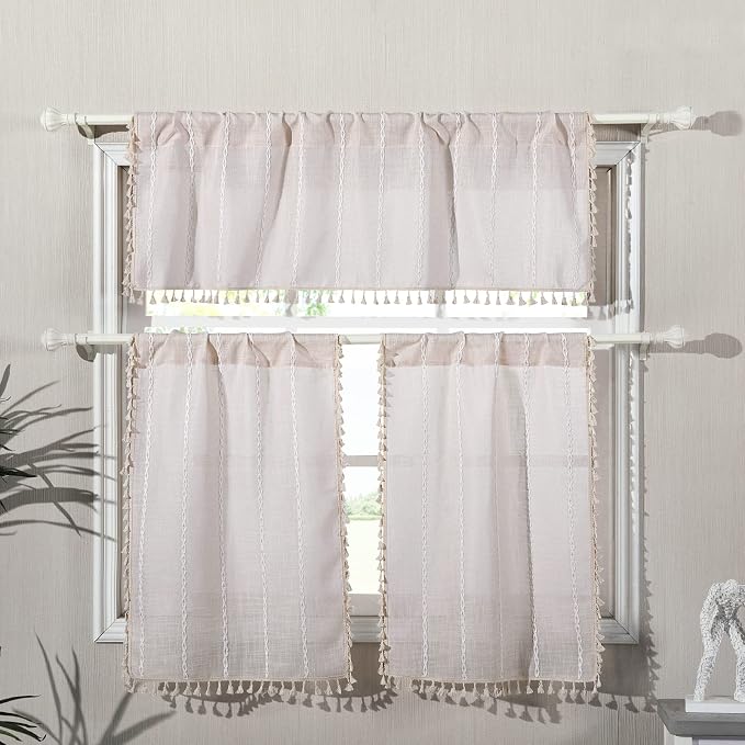 RoomTalks Boho Kitchen Curtains 36 Inch Length French Striped Farmhouse Vintage - Image 3