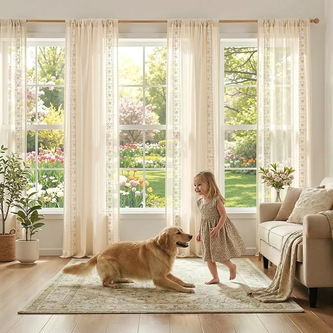 jinchan Floral Sheer Linen Curtains, Back Tab 50x96 Inch, 2 Panels Ivory | Semi - Image 4