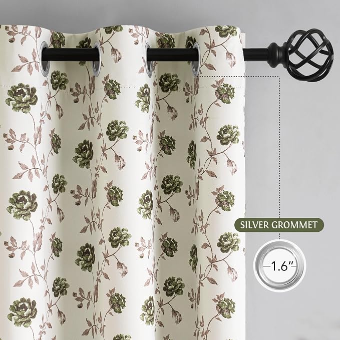 Beauoop Floral 100% Blackout Curtains Bedroom Green Brown 52x54 2 Panels | Rose - Image 9
