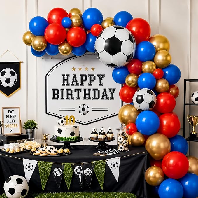 Soccer Balloons, 12 Inch Red and Blue Metallic Gold Latex Balloons - Image 7