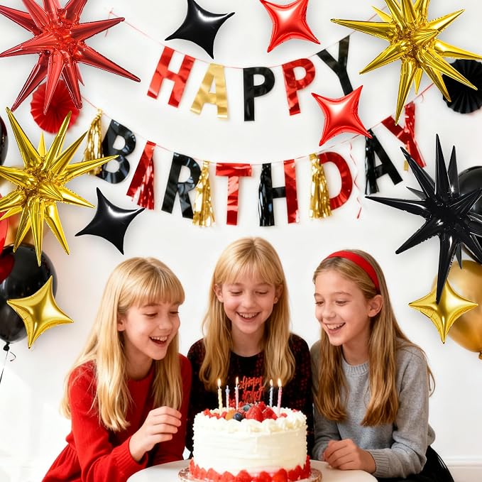 TONIFUL 22Inch 18Pcs Black Gold Red Explosion Star Mylar Balloons and 10Inch - Image 5