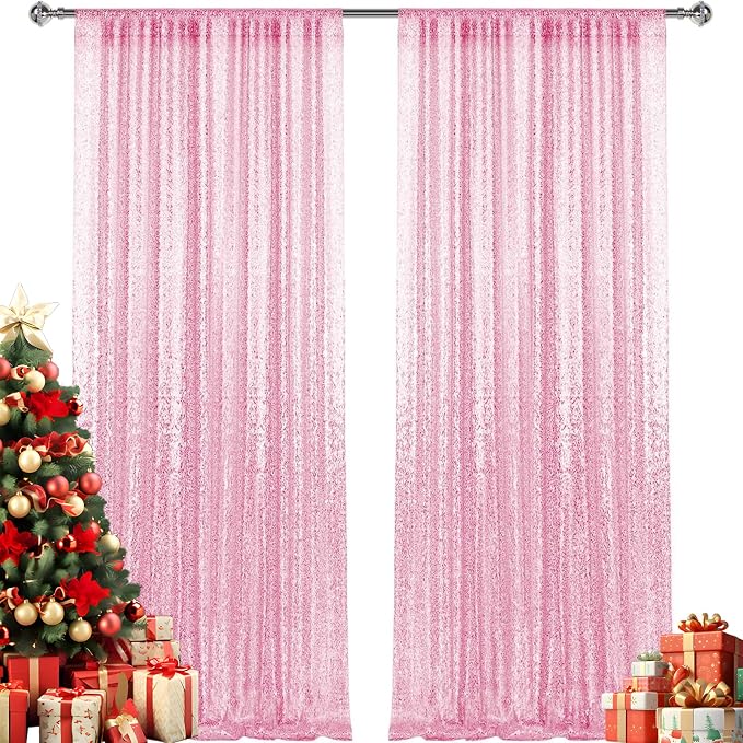 2×8FT-2PCS Pink Sequin Backdrop Curtains Panels, Photography Backdrop Glitter - Image 8