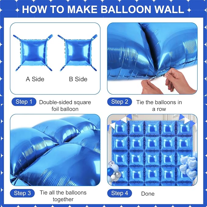 Blue Square Foil Balloons 25 Pcs Metallic Blue Balloons Wall Backdrop - Image 3