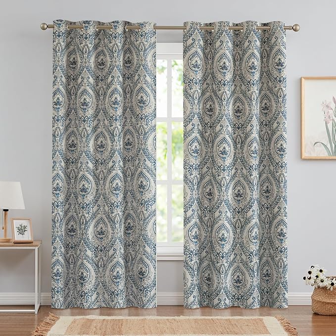 Navy Paisley Linen Textured Curtains 84 in Vintage Grommet 2 Panels | Room - Image 2