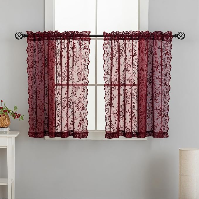 Short Burgundy Lace Curtains Rustic Leaf Floral W42 x L45 Inch 2 Panels | Rod - Image 9