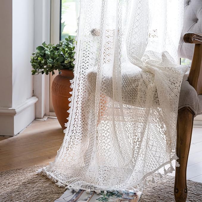 WAZZIO Boho Lace Curtains 45 Inches 2 Panel, Light Filtering Privacy Tassel & by WAZZIO