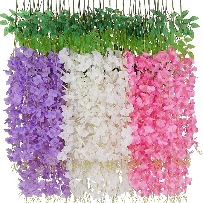 12 Pack Wisteria Hanging Flowers, 3.6 Feet White & Pink & Purple Wisteria by Waipfaru