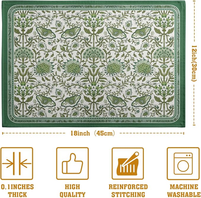 Green Floral Boho Placemats Set of 4, 12x18 Inch Vintage Chinoiserie Block - Image 3