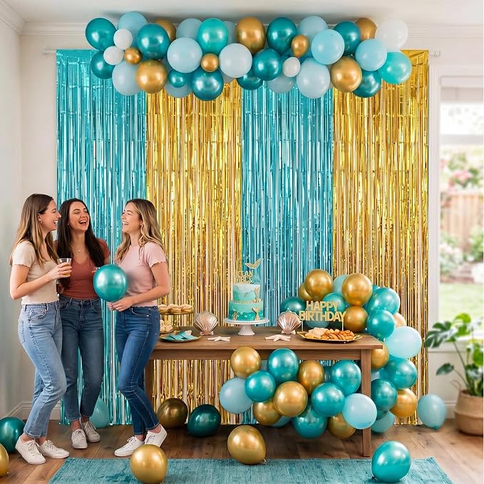 Frienda 4pcs Teal and Gold Party Decorations 6.6ft Fringe Curtains Decorations - Image 4