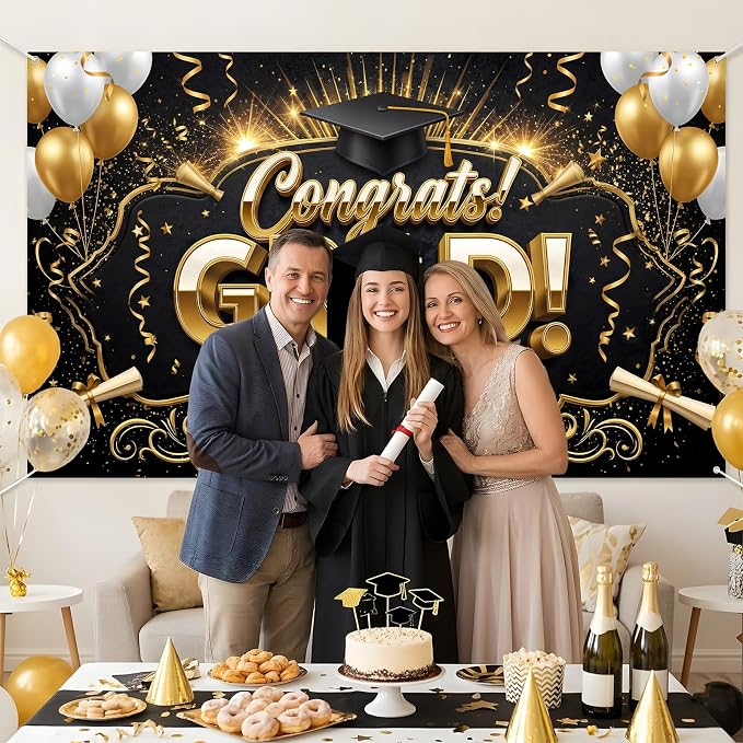 Black Gold Graduation Banner Backdrop 2026 5.9x3.6ft Congrats Grad Banner - Image 4
