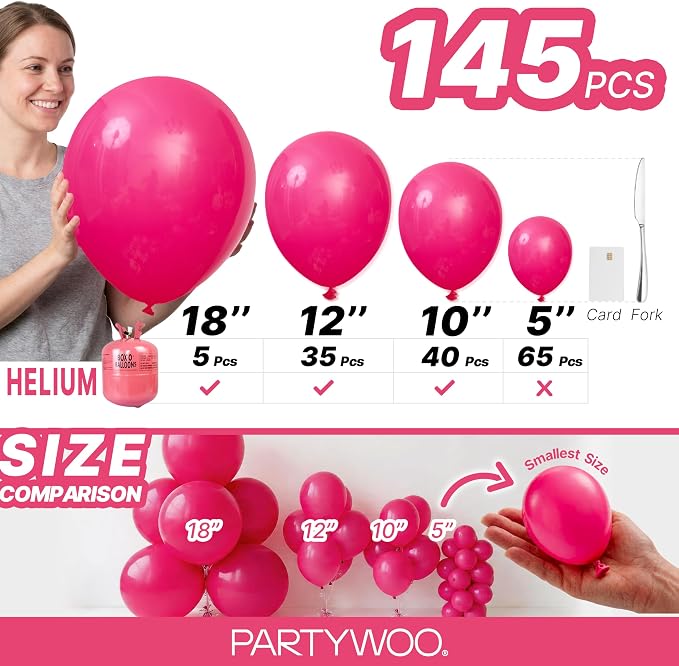 PartyWoo Hot Pink Balloons 145pcs Magenta Fuchsia Color 18 12 10 5 Inch | 18 12 - Image 6