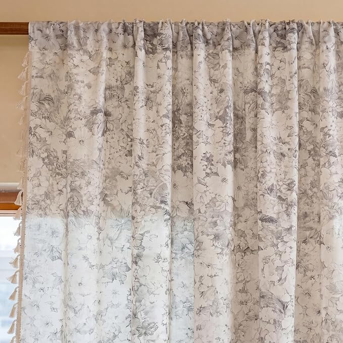 Floral Semi Sheer Rod Pocket 96 Inch Curtains 2 Panel Set - Image 2