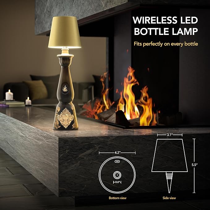 Wireless Bottle Lamp for Any Type of Bottle - LED Bottle Lamp for Indoor & Outdoor - 100% Waterproof - Adjustable Brightness and Light Temperature 3000-6000K - Wireless & Rechargeable (Black)
