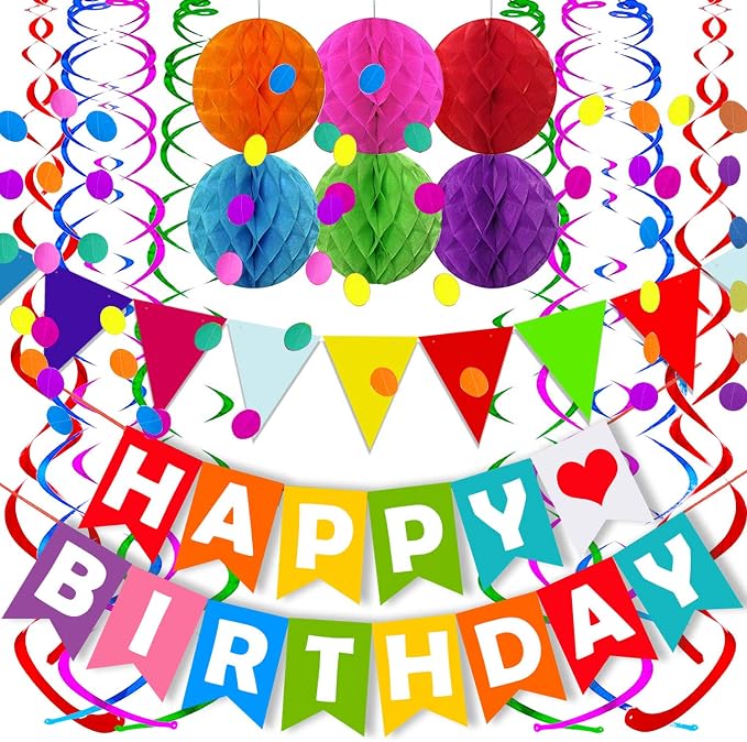 FECEDY Colorful Happy Birthday Banner Paper Triangle Flag Bunting Circle by FECEDY