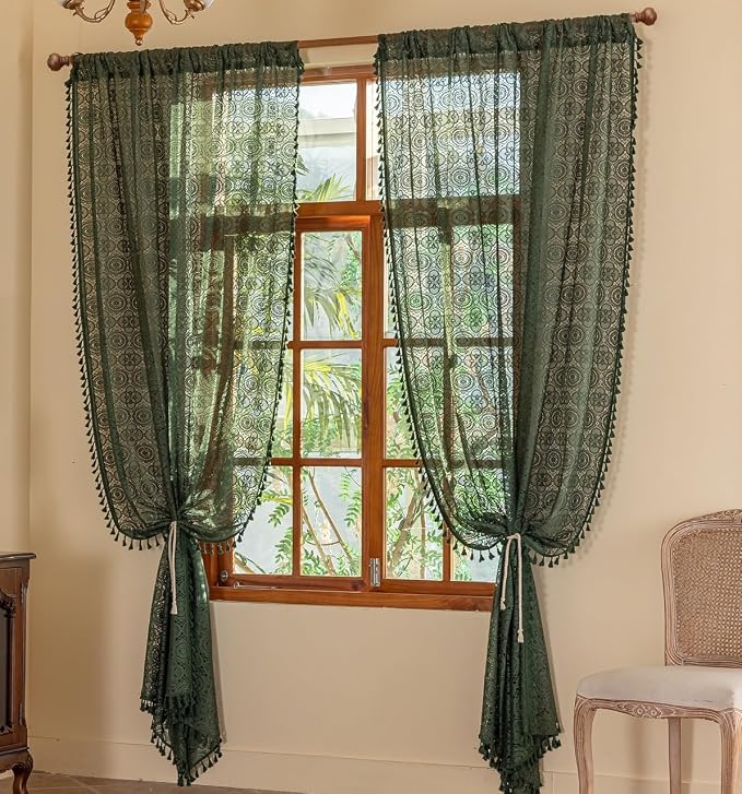 YJ YANJUN Boho Lace Curtains, Dark Green, 2 Panels | Vintage Floral Crochet - Image 6