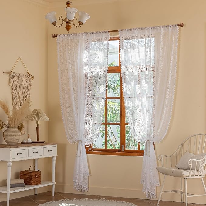 YJ YANJUN Boho Lace Curtains 72 inch, 2 Panels, Crochet Drapes - Image 5