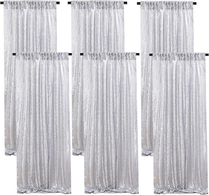 Silver Sequin Backdrop Curtains 6 Pcs 2ftx8ft Silver Curtains Background | by B-COOL