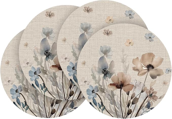 Artoid Mode Brown Poppy Floral Round Placemats Set of 4, 14 Inch Washable by ArtoidMode