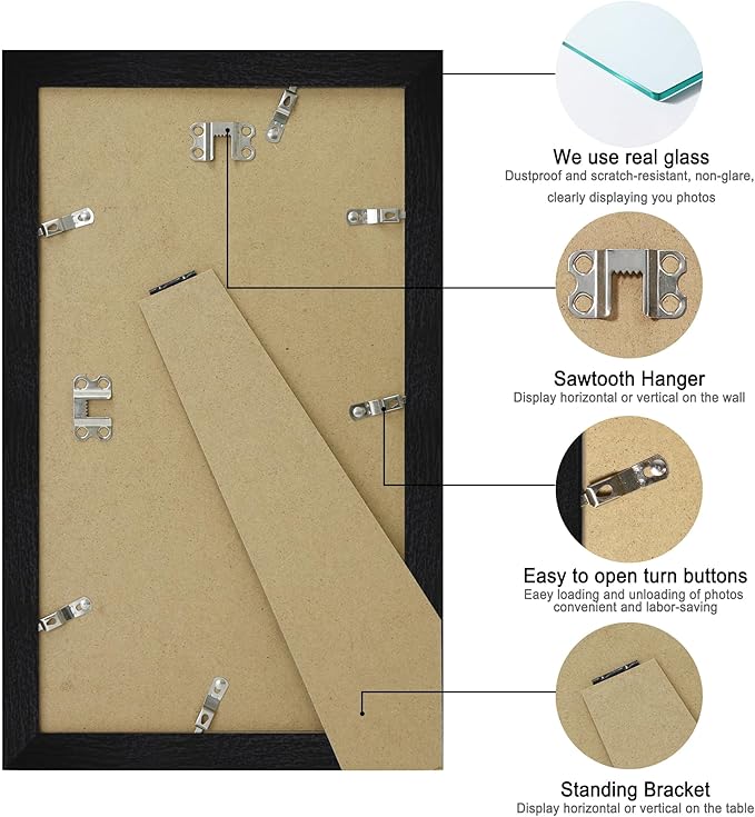 8x14 Picture Frame Set of 2, Rustic Black Wood Frame with Glass Collage Frame, Display Pictures 3-4x6 With Mat or 8 x 14 Without Mat - Horizontal or Vertical Wall Mounting