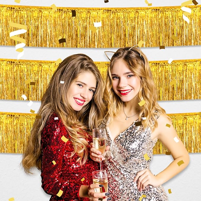 4 Pack 10 Feet Gold Foil Fringe Garland Metallic Tinsel Streamers Banner Wall Hanging Curtain Backdrop for Parade Floats, Wedding, Graduate, Mother's Day, Birthday Party Decoration