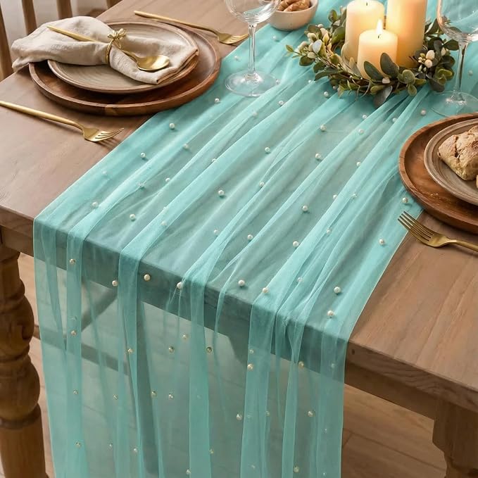 Artoid Mode 10Pcs Pearl Turquoise Gauze Table Runner 120 Inch 10FT, Seasonal - Image 3