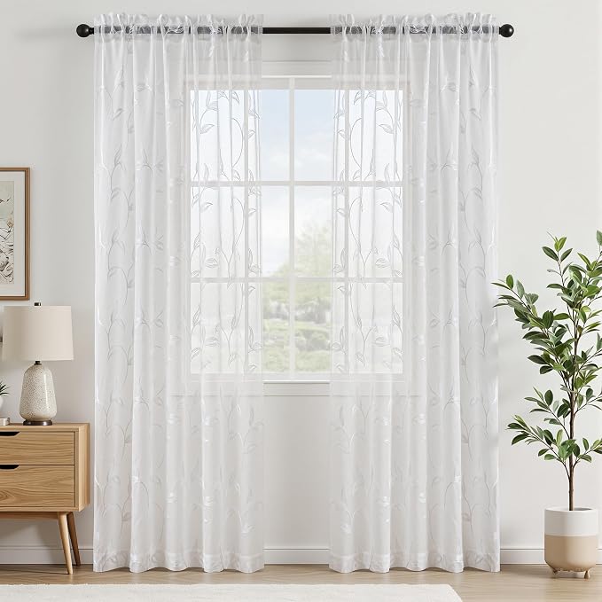 White Sheer Curtains Boho Leaf Floral Embroidered 54Wx96L | Light Filtering - Image 2