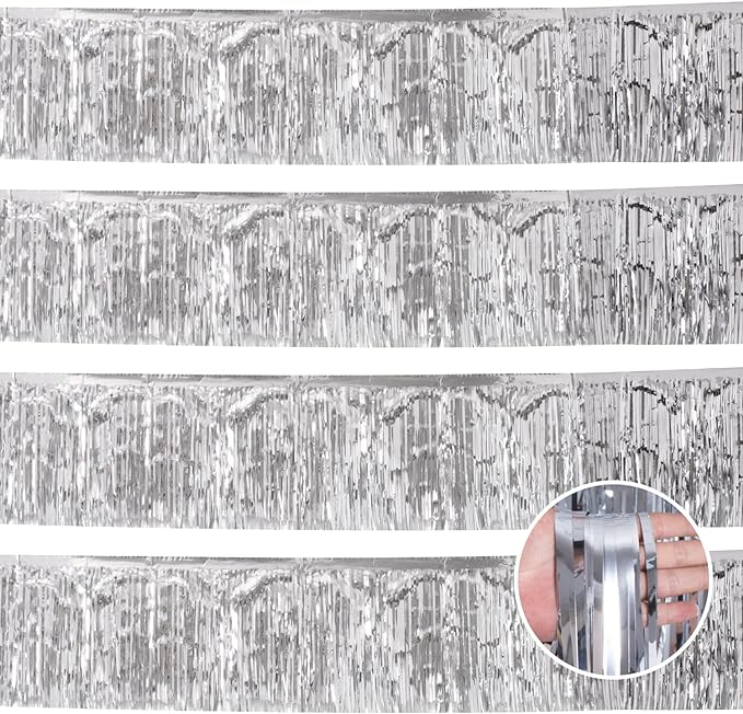 Silver Birthday Decorations Tinsel Garland Parade Float Decorations for Trailer 4Pack 12FT Disco Party Decor Ceiling Fringe Banner Backdrop for Christmas Streamers Party Decorations