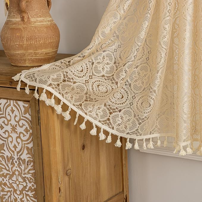 YJ YANJUN Boho Lace Curtains 24 inch Length 2 Panels, Vintage Floral Crochet - Image 3
