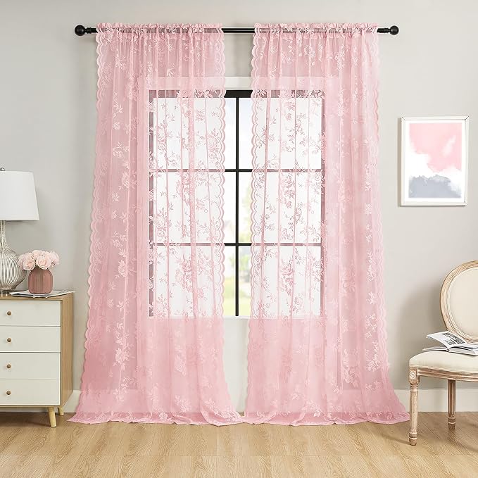 Light Pink Lace Curtains 84 Inches Long 2 Panels Romantic Flower Sheer Curtains - Image 2