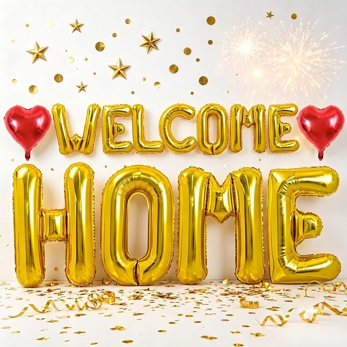 TONIFUL 2 Size Gold WELCOME HOME Foil Letter Balloons Banner Decorations | by TONIFUL
