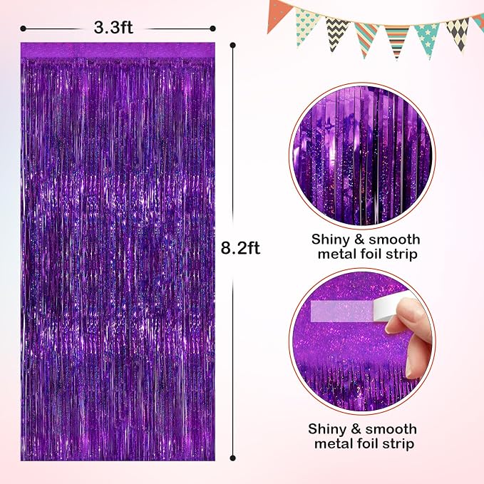 Purple Metallic Tinsel Foil Fringe Curtains, 2 Pack 3.3x8.3 Feet Party Streamer - Image 2