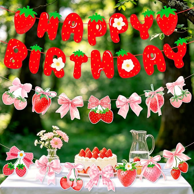 MEETINGU Strawberry Cake Happy Birthday Banner and Bow Strawberry Banner - Image 4
