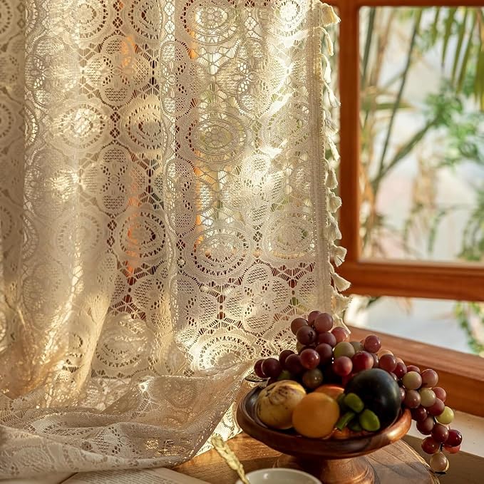 YJ YANJUN Boho Lace Curtains 45 inch Length 2 Panels -Vintage Floral Crochet by YJYANJUN