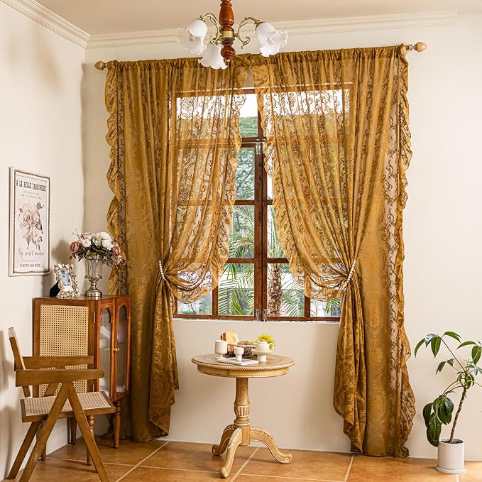 Deeprove Boho Gold Lace Sheer Curtains 84 inches Long 2 Panels Set - Image 3