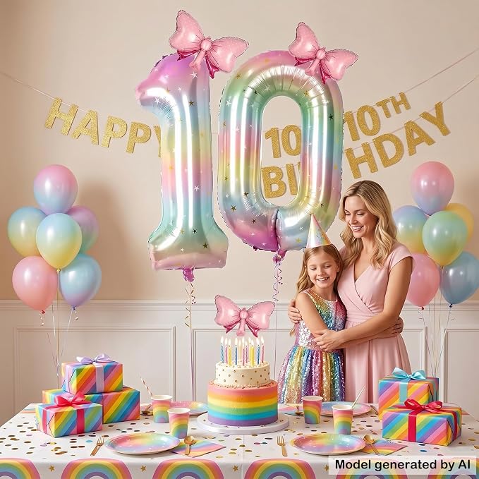 40" Giant Pastel Rainbow Number 10 Balloon Foil Pink Bow Decor Kit | - Image 4