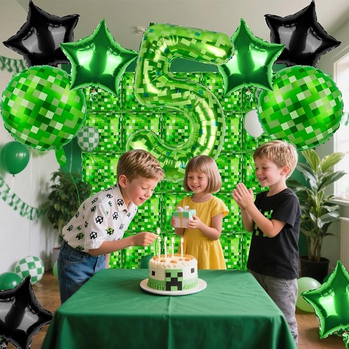 40 Inch Green Pixel Themed Number 5 Balloon Set Foil Balloon - Image 7
