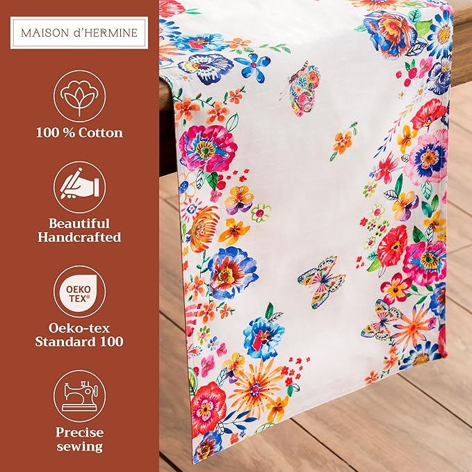 Maison d' Hermine Table Runner 100% Cotton Double Layer Table Runners 108 inches Long Decorative for Home Dining Party Wedding Bridal Shower Spring Summer (Happy Florals - High Summer, 14.50" x 108")