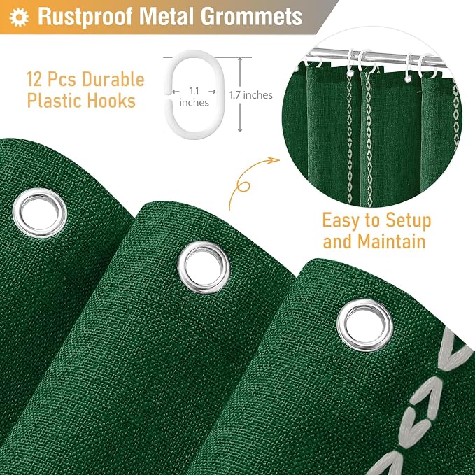 Emerald Green Boho Farmhouse Linen Heavy Duty Shower Curtain, 72x72 | 330GSM - Image 4