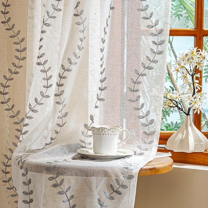 2 Panels Linen Leaf String Floral Embroidered Semi Sheer Curtain Farmhouse by AmHootextile