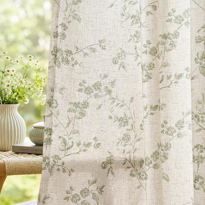 jinchan Green Floral Linen Curtains 96 Inch Flower Drapes Back Tab 2 Panels | by JINCHAN