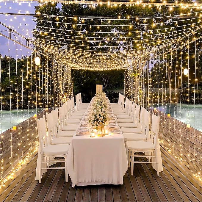 JMEXSUSS 300 LED Remote Control Christmas Curtain Lights, Plug in Fairy Curtain Lights Outdoor, Window Wall Hanging String Lights for Bedroom Backdrop Wedding Party Indoor Patio Xmas Decor, Warm White