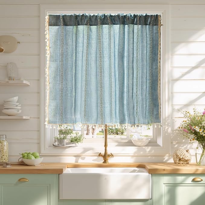 Sutuo Home Blue Boho Curtain 52W x 36L inch White Striped Light Filtering Short by SutuoHome