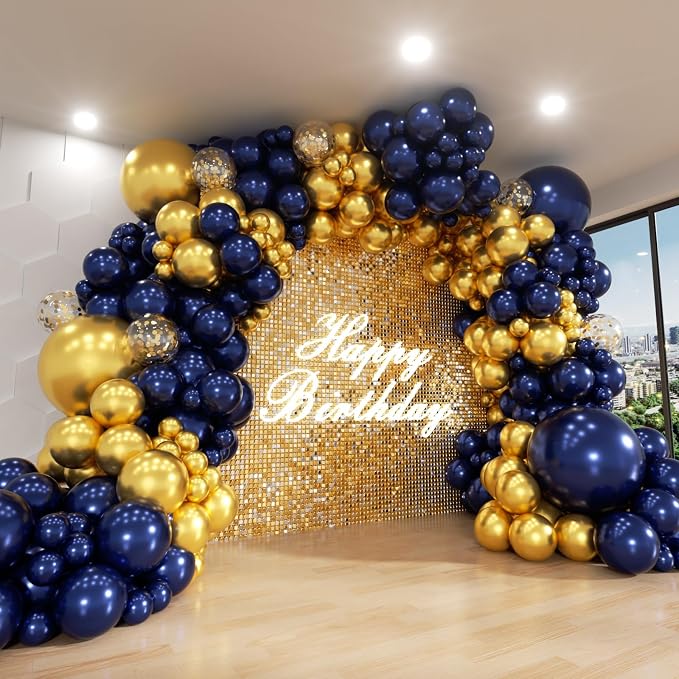 Blue and Gold Balloon Arch Kit, ADOINBY 144Pcs Navy Blue Metallic Gold Latex by ADOINBY