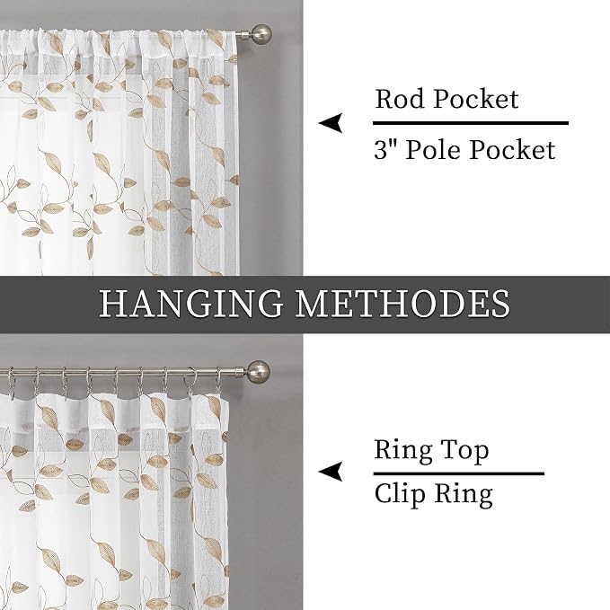 Tollpiz Taupe Leaf Sheer Curtains Bedroom 54 x 84 Inches | Leaves Embroidered - Image 5