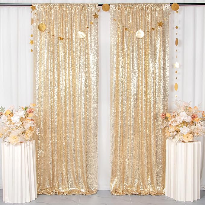 ShinyBeauty Gold Sequin Backdrop 4 Panels 2x8ft Light Gold | Shimmer Curtains - Image 4