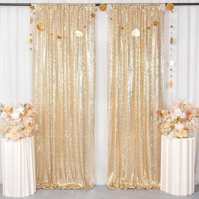 ShinyBeauty Champagne Gold Sequin Backdrop - 2 Panels, 7Ft x 7Ft, Sparkly Glitter Backdrop for Parties/Prom Backgrounds