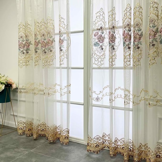 1 Panel Embroidered Floral Voile Sheer Window Curtain Rod Pocket Top | - Image 4