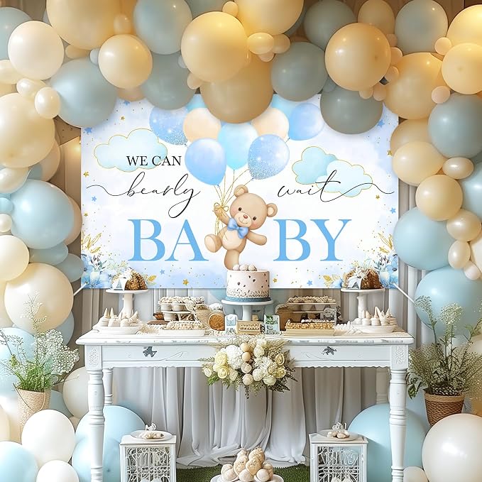 Mocsicka We Can Bearly Wait Backdrop Banner 6x3.6ft | Blue Balloons, Bear Baby - Image 2